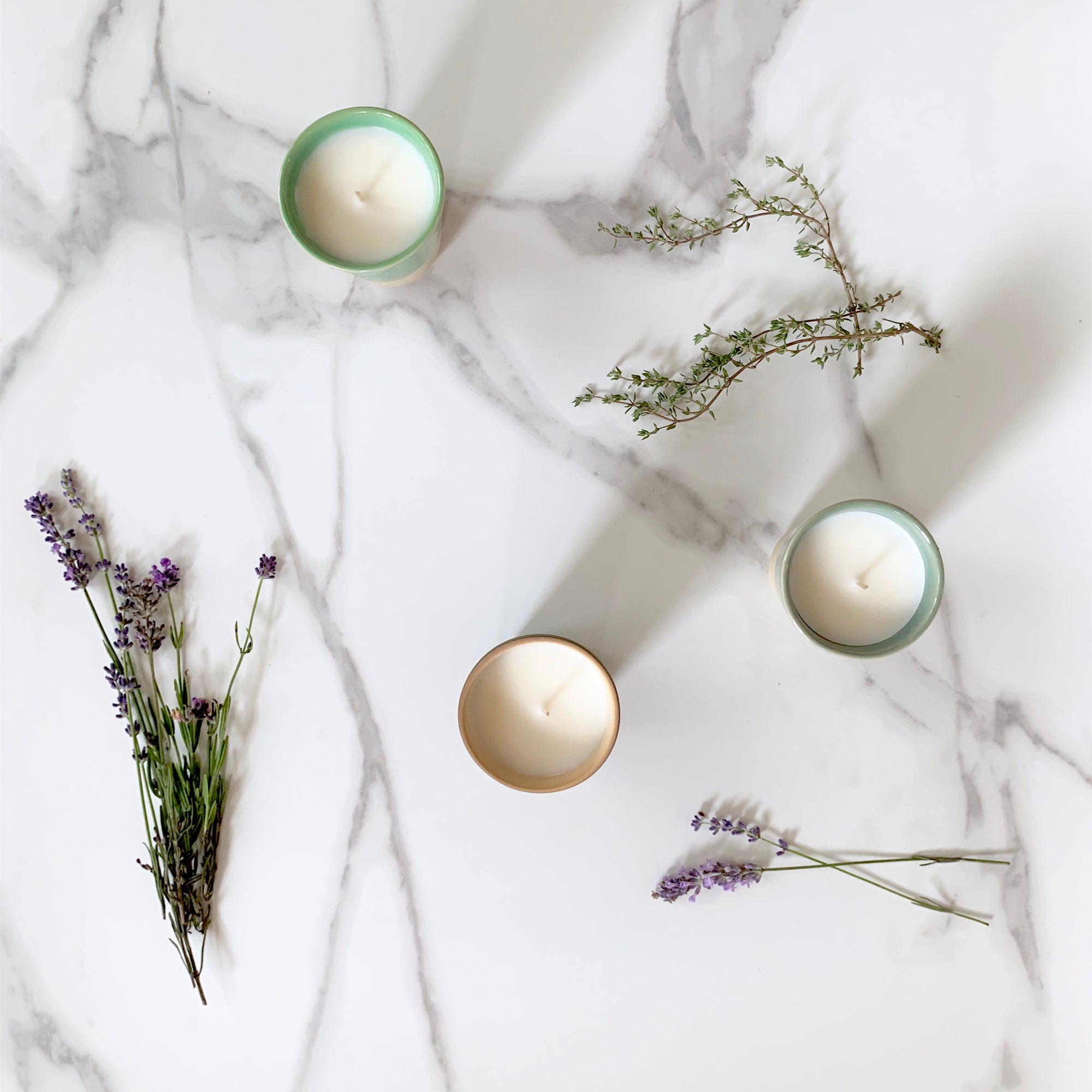 French Candles in Stoneware Tumblers with herbal scents
