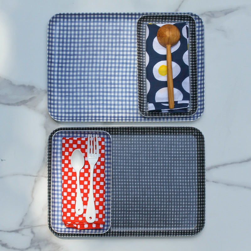 Blue and white linen trays