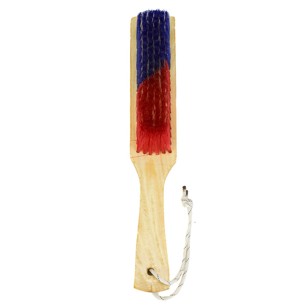 Wooden brush with red and blue bristles on a white background